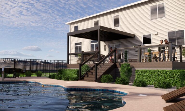 3D design rendering of a deck with stairs down to a pool