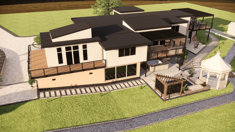 3D design rendering, aerial view of a full backyard plan