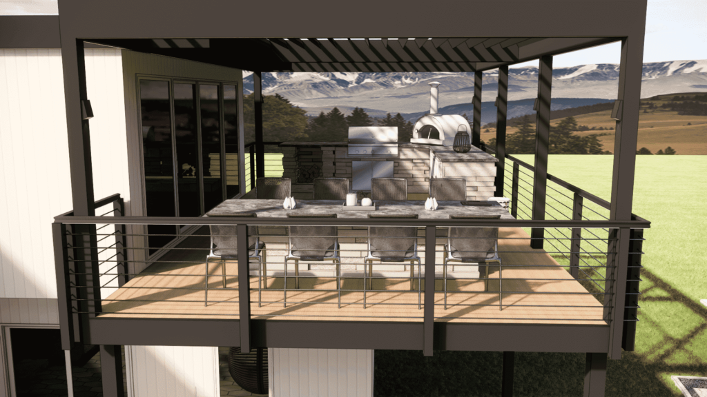3D design rendering of a pergola over a raised dining deck with cable railing