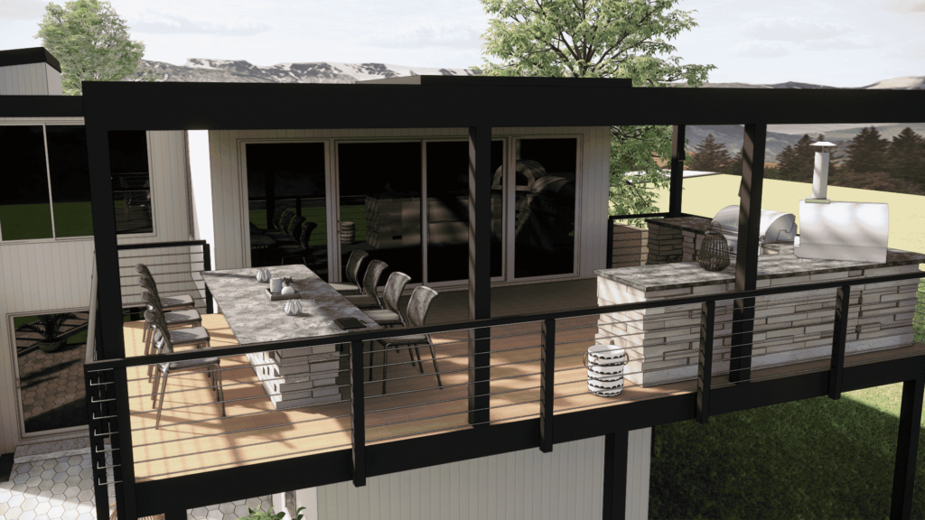 3D design rendering of a covered deck with cable railing looking out over the yard