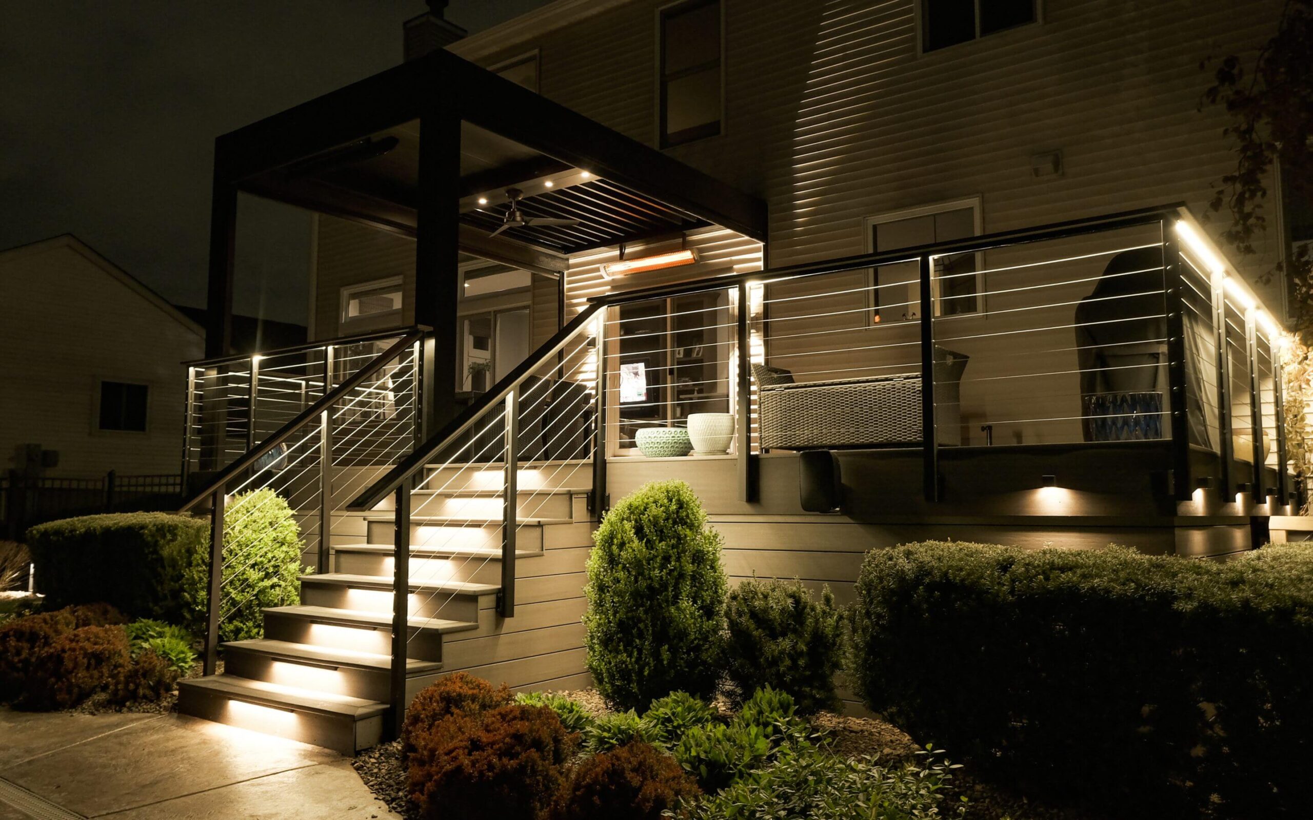 Integrated LED lighting louvered pergola by Ace of Decks Chicago suburbs