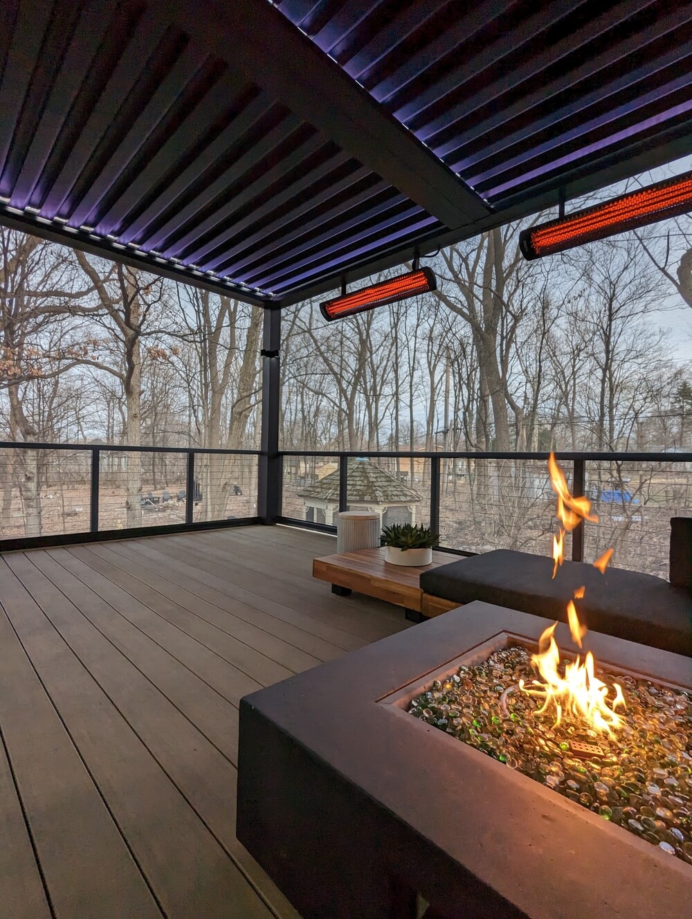 Custom fire feature outdoor living space by Ace of Decks Chicago suburbs