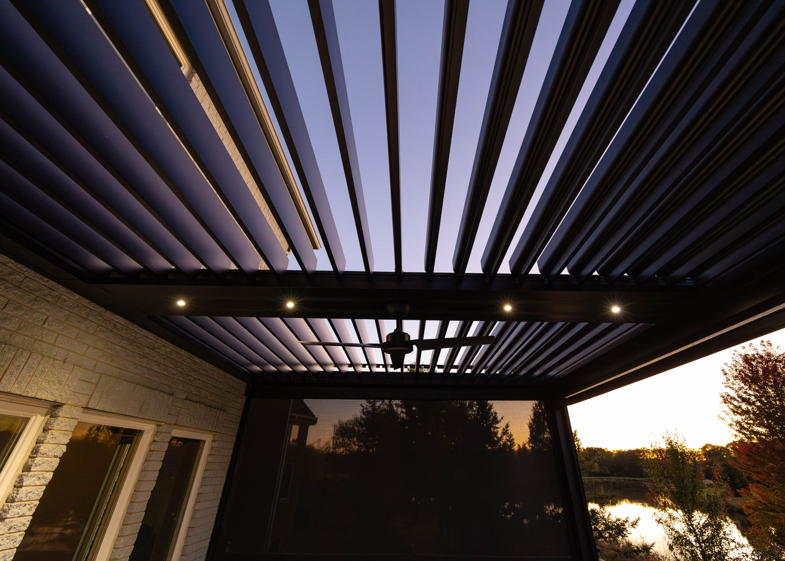 Custom motorized louvered pergola Chicago suburbs by Ace of Decks