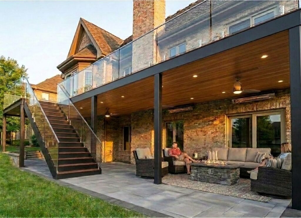 3D design rendering of a patio beneath a glass-railed upper deck