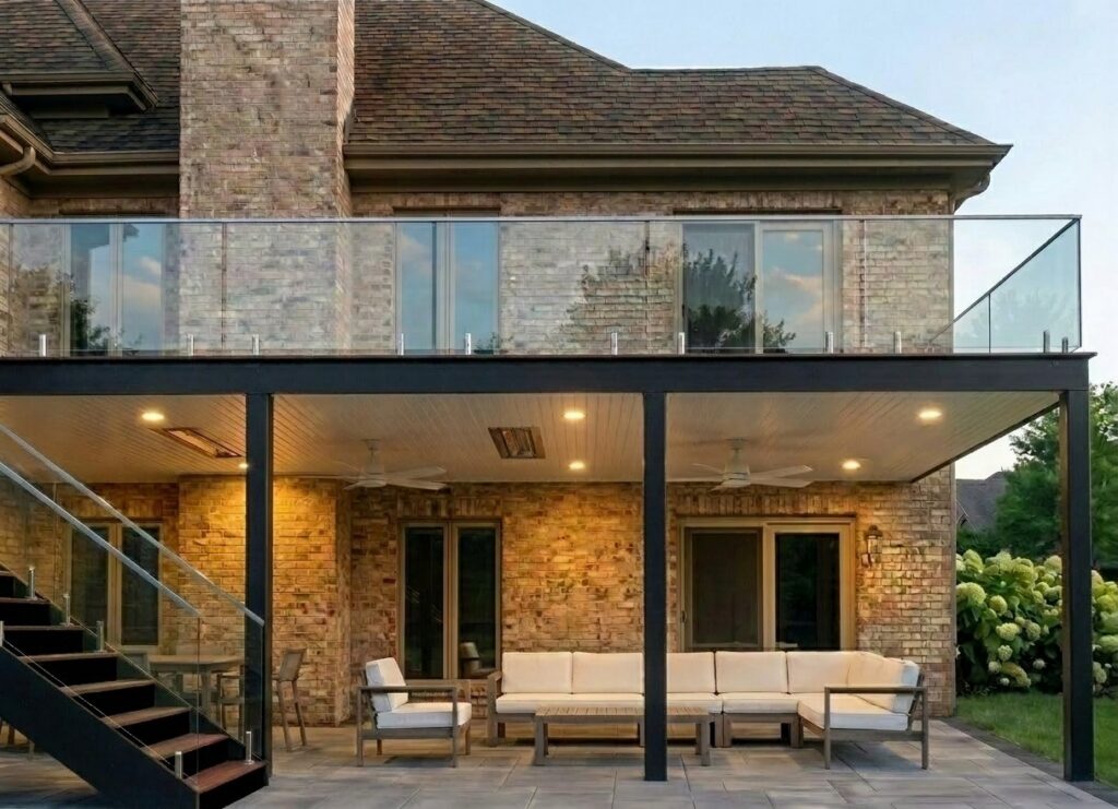 3D design rendering of a covered patio under an upper deck with glass railing
