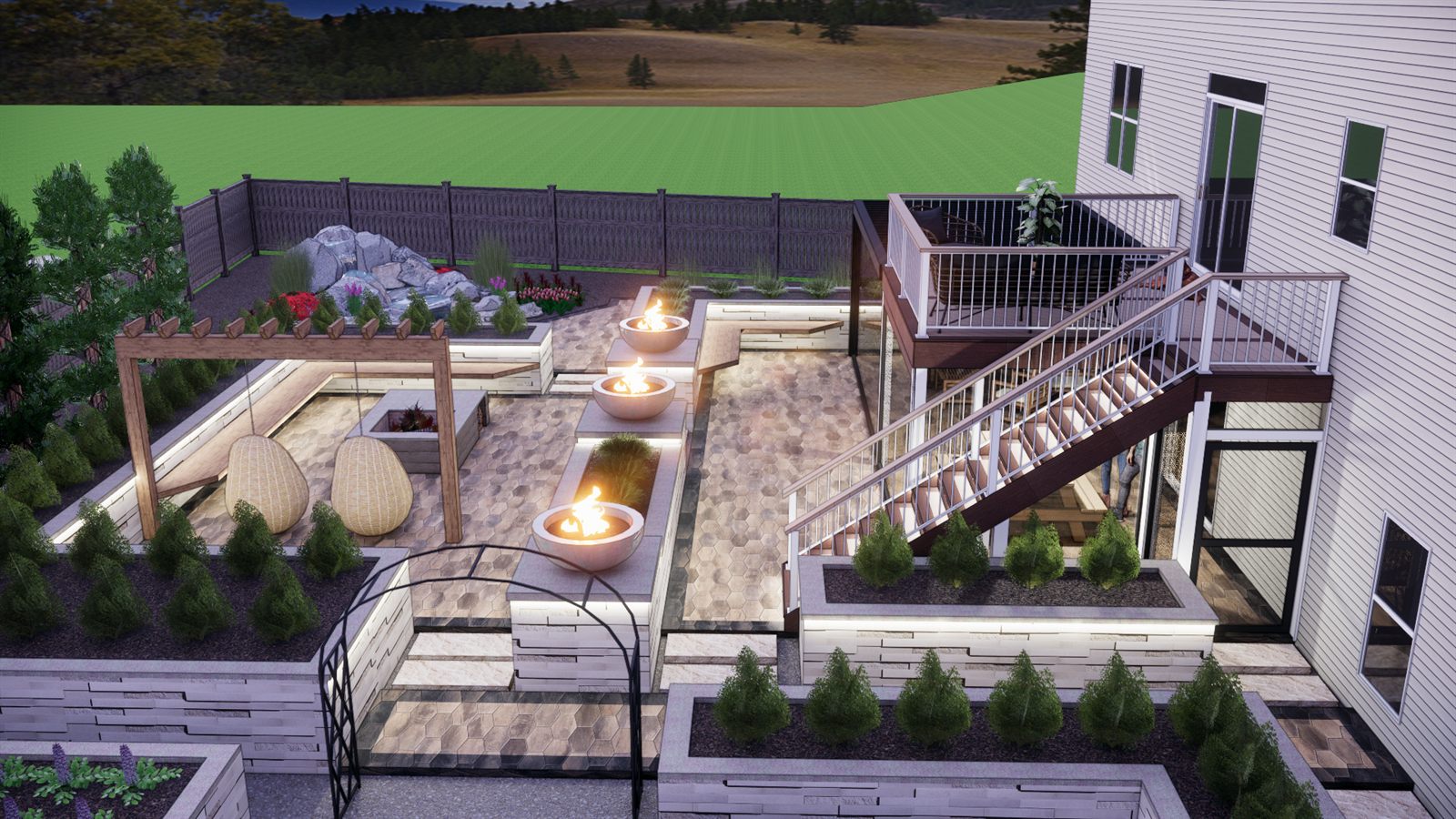 Design rendering of a sunken paver courtyard at dusk with lit seat walls, fire bowls and a pergola