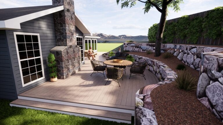 3D design rendering of a deck meeting a boulder retaining wall beside a stone chimney