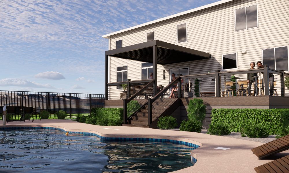 3D design rendering of a covered deck with stairs down to a pool